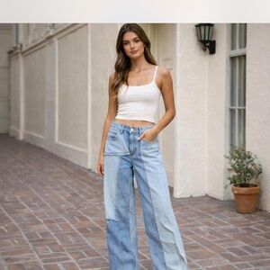 Pull & Bear Wide Leg Patchwork Jeans with Frayed Hems. Size 2